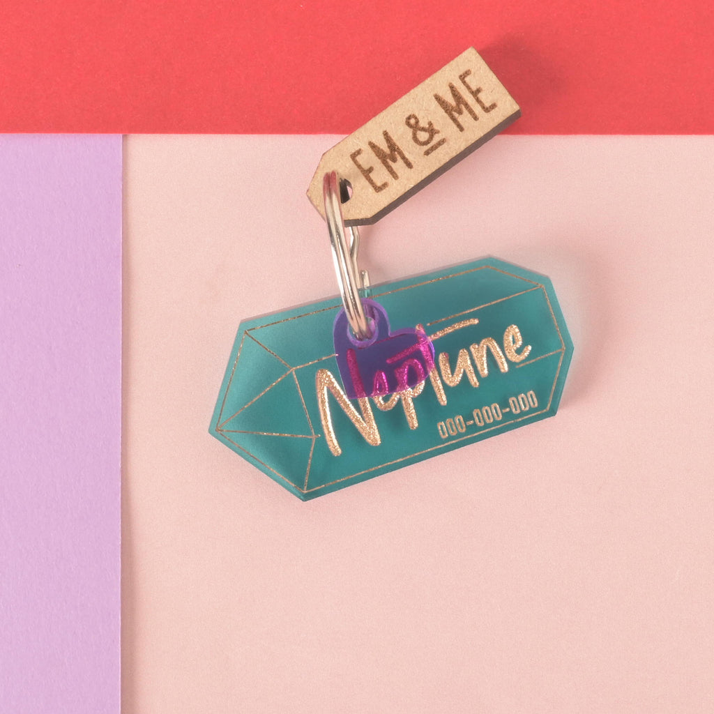A personalized translucent teal gemstone-shaped pet tag with the name "Neptune" written in a gold-colored script, along with a placeholder phone number. A small, translucent purple heart charm is attached, along with a small wooden charm that says "EM & ME." All are connected to a silver ring for a collar and are displayed on a light pink, purple, and red background.