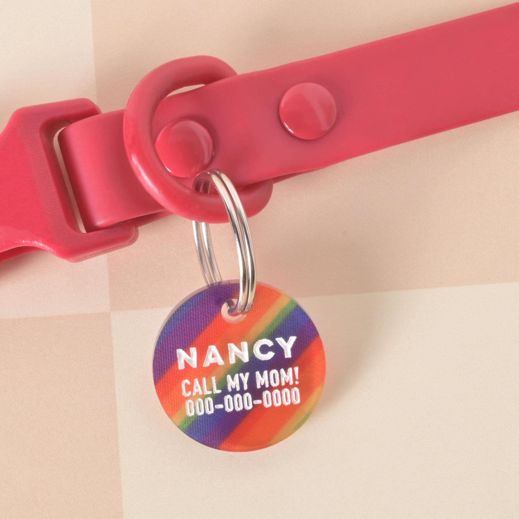 Round rainbow striped pet ID tag engraved with pet name and phone number, attached to a red collar with metal ring.