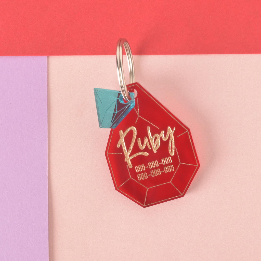 A personalized red gemstone-shaped pet tag with the name "Ruby" and a placeholder phone number on it. A small, translucent blue diamond charm is attached to the tag. Both are connected to a silver ring for a collar and are displayed on a light pink, purple, and red background.