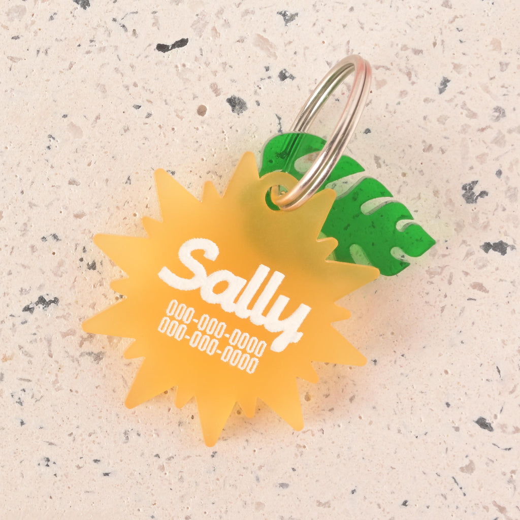A personalized translucent yellow sunburst-shaped pet tag with the name "Sally" and a placeholder phone number on it. A green monstera leaf charm is attached. The tags are connected to a silver ring, perfect for a collar, and are displayed on a light-colored, speckled surface.