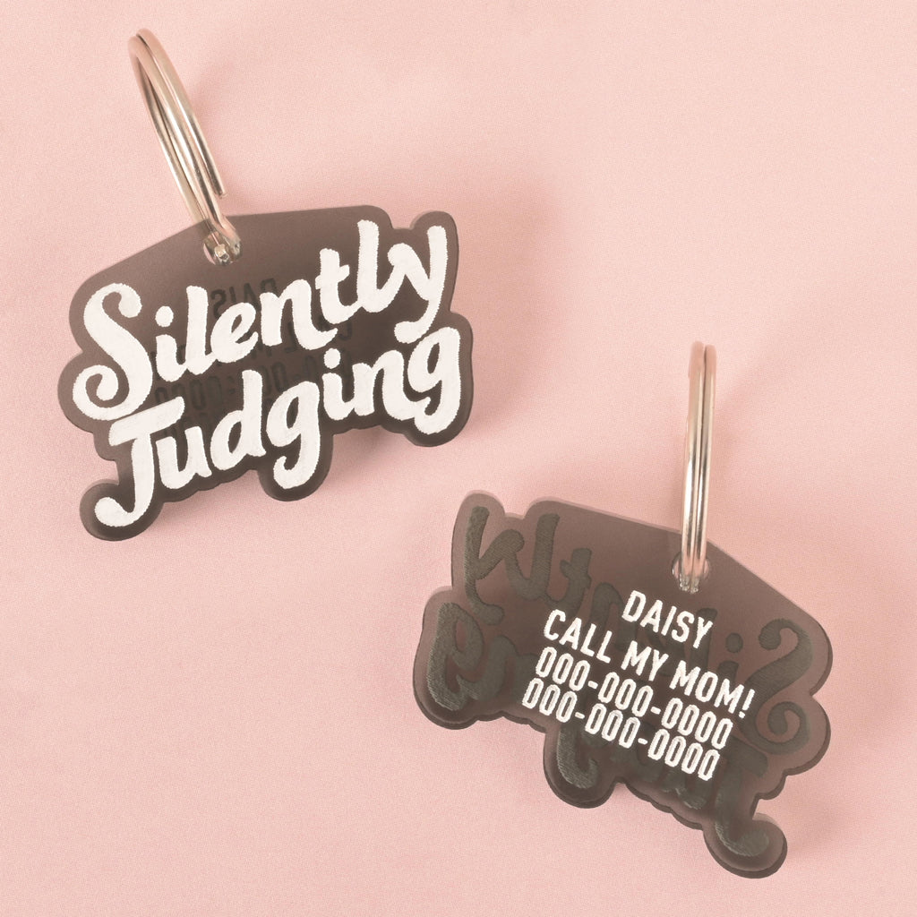 A transparent grey pet tag in the shape of a speech bubble. The front says "Silently Judging" in a white groovy font, and the back has a placeholder for a pet's name, "DAISY," and a phone number. The tags are resting on a solid pink background.