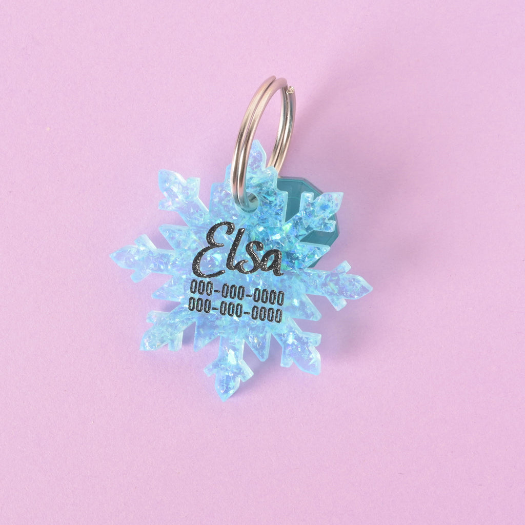 Iridescent blue snowflake pet ID tag engraved with the name Elsa and a phone number, attached to a silver keyring, displayed on a pink background.