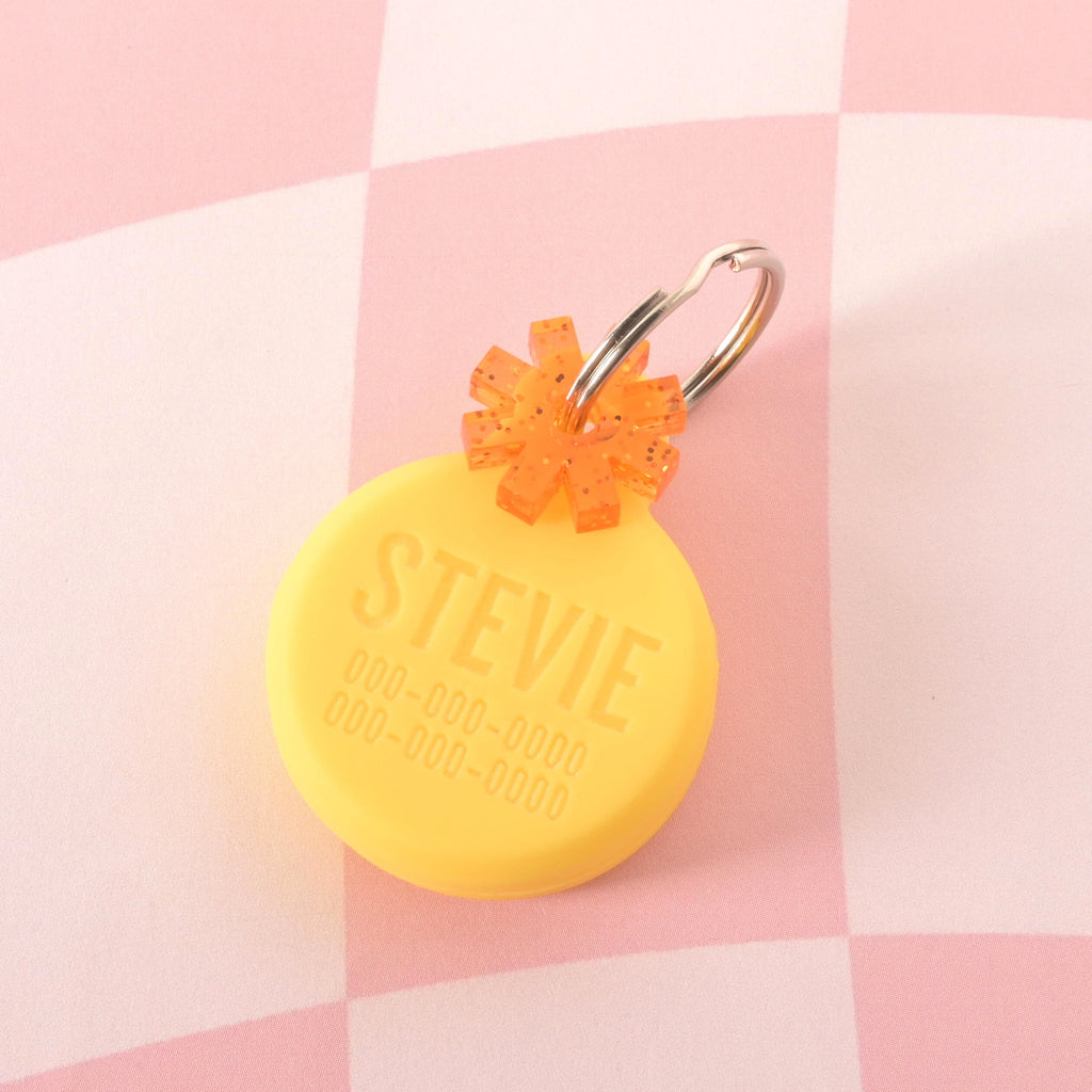 A custom, yellow, circular pet ID tag. The tag is engraved with the name "STEVIE" and a phone number below it. A small, glittery orange starburst charm is attached, sitting on top of the keyring. The tags are displayed on a pink and white checkered background.