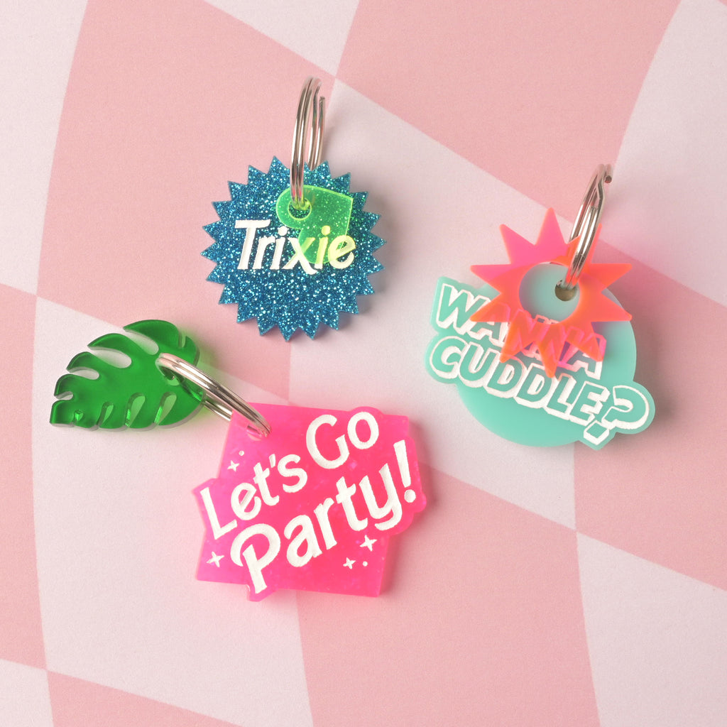 A set of colorful and uniquely shaped pet tags. The tags include a green monstera leaf, a neon pink tag that says "Let's Go Party!," a blue glitter tag that says "Trixie," and a translucent aqua and neon orange tag that says "WANNA CUDDLE?". The tags are attached to silver rings and are displayed on a pink and white checkered background.