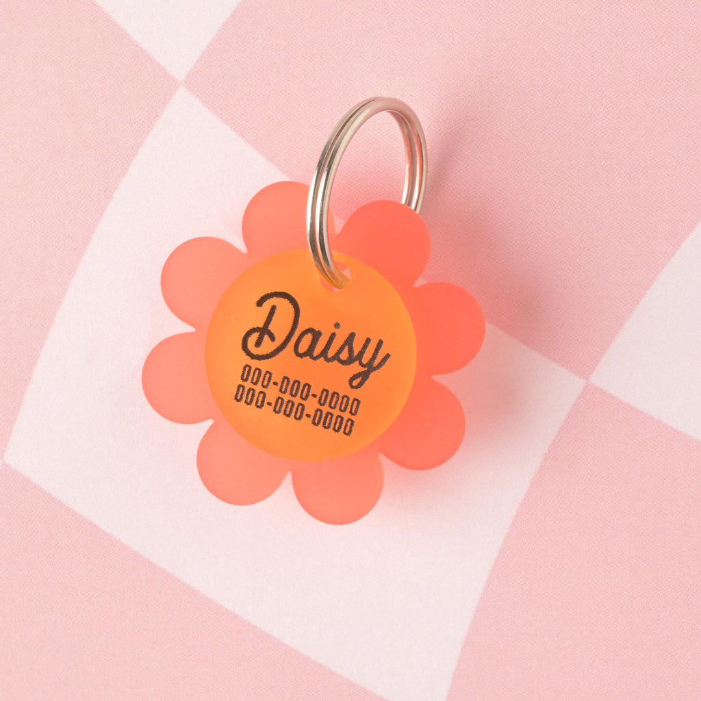 Bright acrylic pet ID tag shaped like a daisy with translucent reddish-orange (Poppy) petals and a yellow center, engraved with the name Daisy and two contact numbers, displayed on a pink checkered background