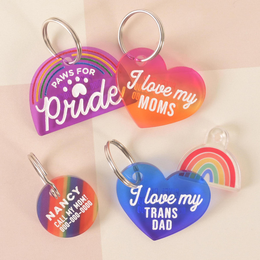 Set of colorful Pride pet ID tags including heart-shaped “I love my moms” and “I love my trans dad” tags, a rainbow-shaped charm, and a “Paws for Pride” tag with rainbow design. Fun and inclusive dog and cat accessories for LGBTQ+ pet parents.