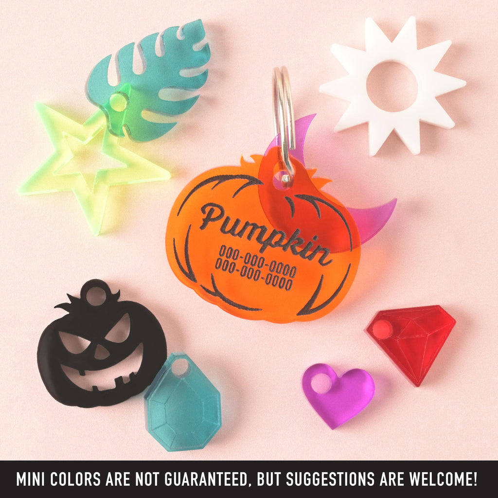 Transparent orange pumpkin-shaped pet ID tag surrounded by various mini charms, star, jack-o-lantern, monstera leaf, sun, gemstone, tiny heart and diamond. Banner on bottom that reads "MINI COLORS ARE NO GUARANTEED, BUT SUGGESTIONS ARE WELCOME!"