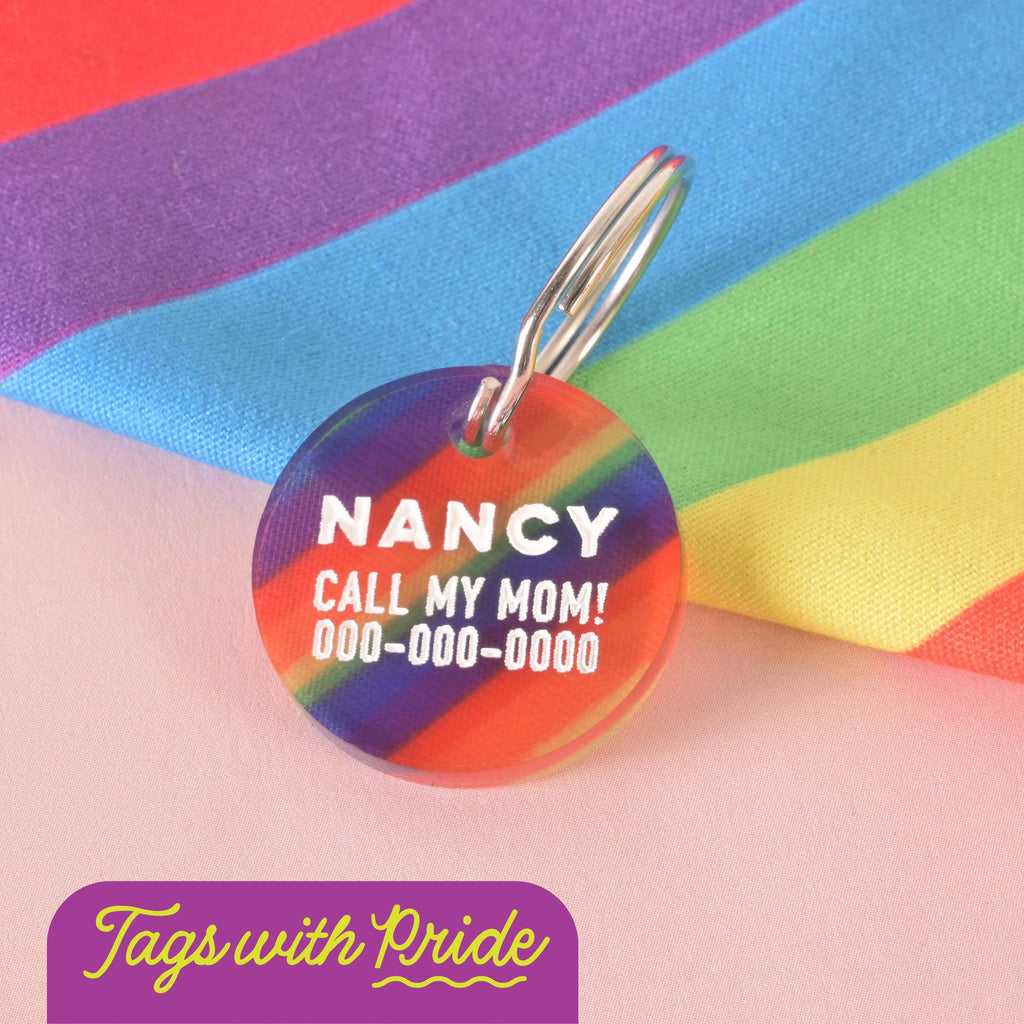 Round rainbow striped pet ID tag with engraved name and phone number, displayed on a colorful pride flag background with keyring attached.