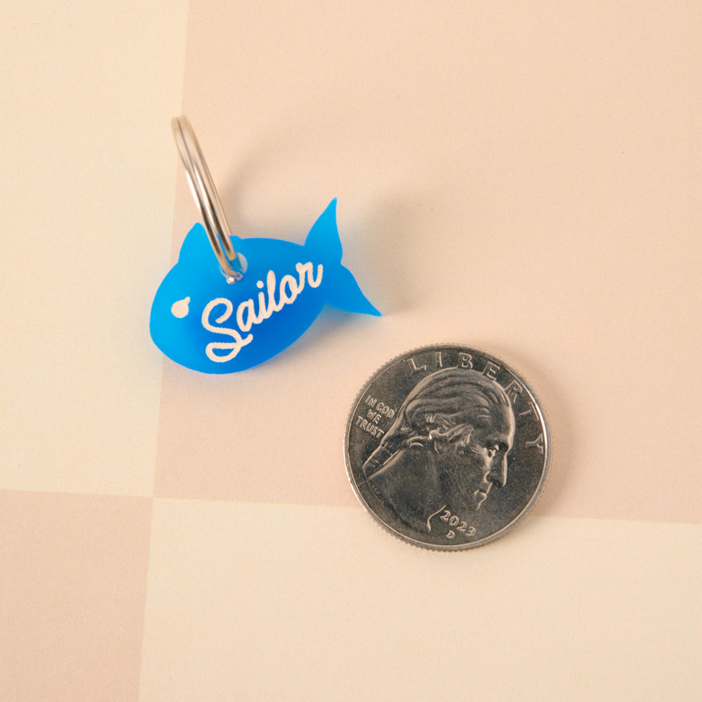 Blue fish-shaped pet ID tag with “Sailor” name shown beside a U.S. quarter coin for size comparison, ideal for small dogs and cats.