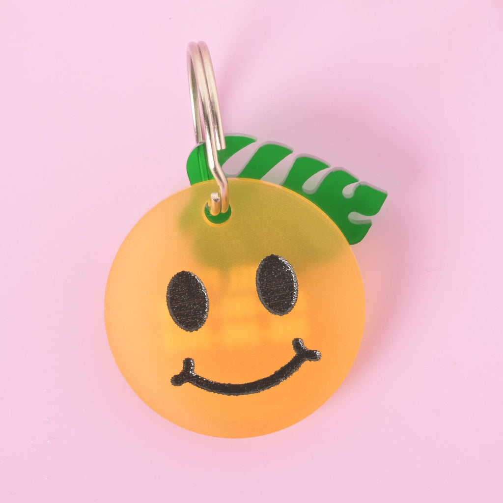 A close-up of a custom, translucent orange, circular pet ID tag. The tag has a black smiley face. A small green tropical leaf charm is attached to the silver keyring. The tag is displayed on a solid pink background.