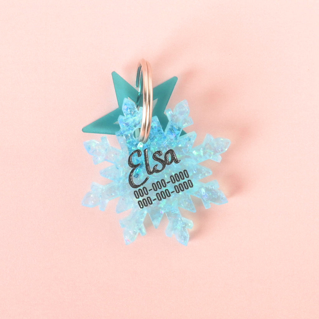 Blue glitter snowflake-shaped pet ID tag engraved with the name Elsa and phone numbers, paired with a teal star charm, on a light pink background.