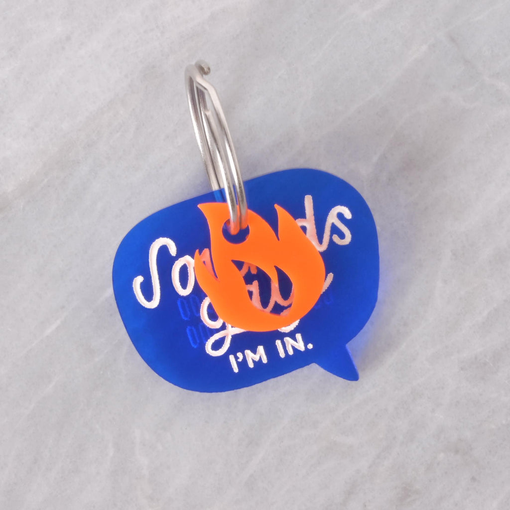 Blue acrylic speech bubble pet tag reading “Sounds gay, I’m in” paired with an orange flame-shaped mini charm, displayed on a light gray background.