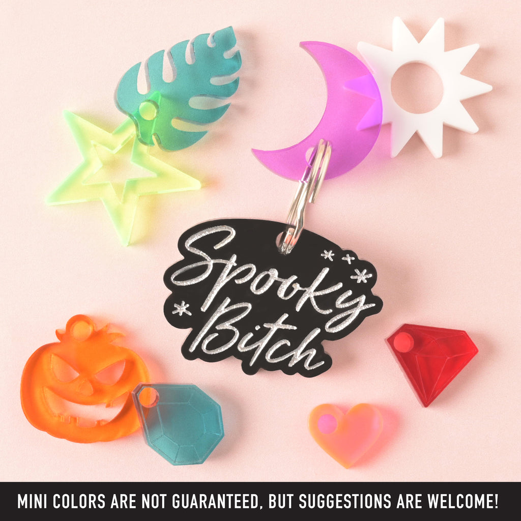 Black "spooky bitch" pet tag surrounded by various mini charms available to add on. Banner that reads "Mini colors are not guaranteed, but suggestions are welcome"