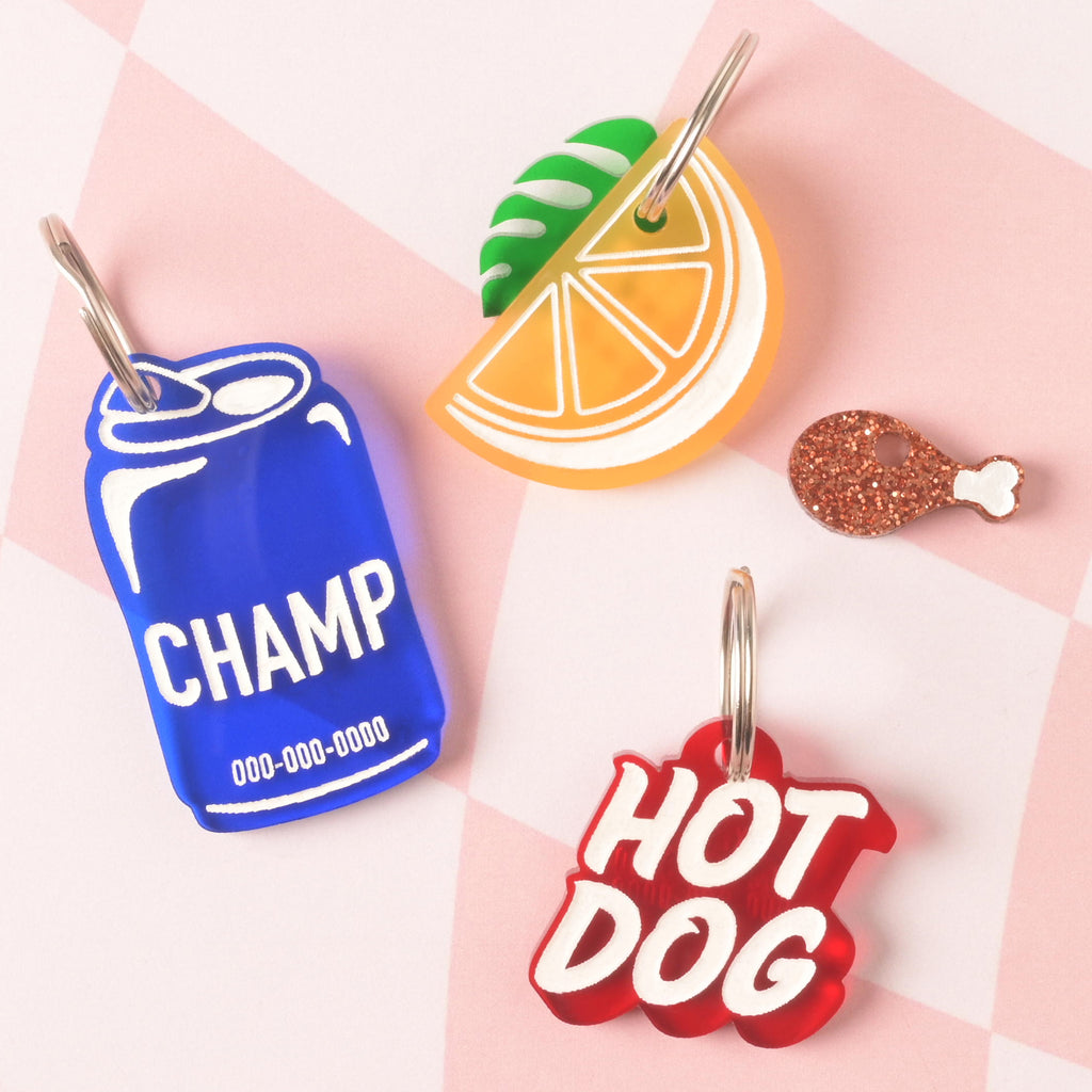 Blue beer can, yellow lemon wedge and red "hot dog" personalized pet tags with monstera leaf and turkey leg mini charms 