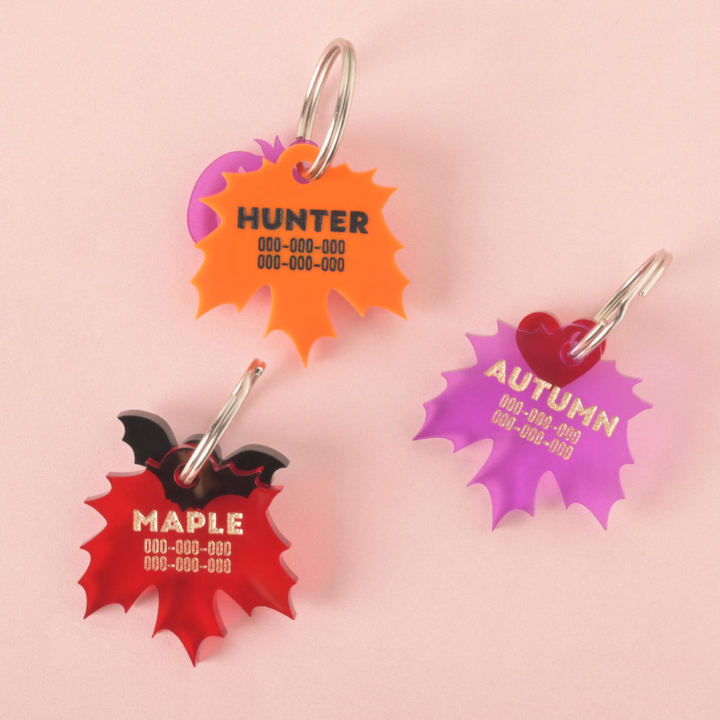 A collection of three personalized maple leaf-shaped pet tags in various colors. The orange tag has the name "HUNTER," the red tag has the name "MAPLE," and the purple tag has the name "AUTUMN." Each tag has a placeholder phone number and is attached to a silver ring for a collar. The items are displayed on a solid pink background with small charms attached, including a black bat and a red heart.