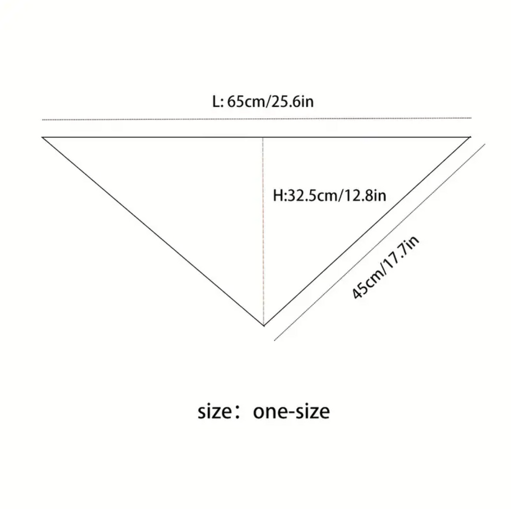 Triangle bandana size chart showing dimensions: 65cm/25.6in wide, 32.5cm/12.8in high, and 45cm/17.7in sides. One-size accessory fit.