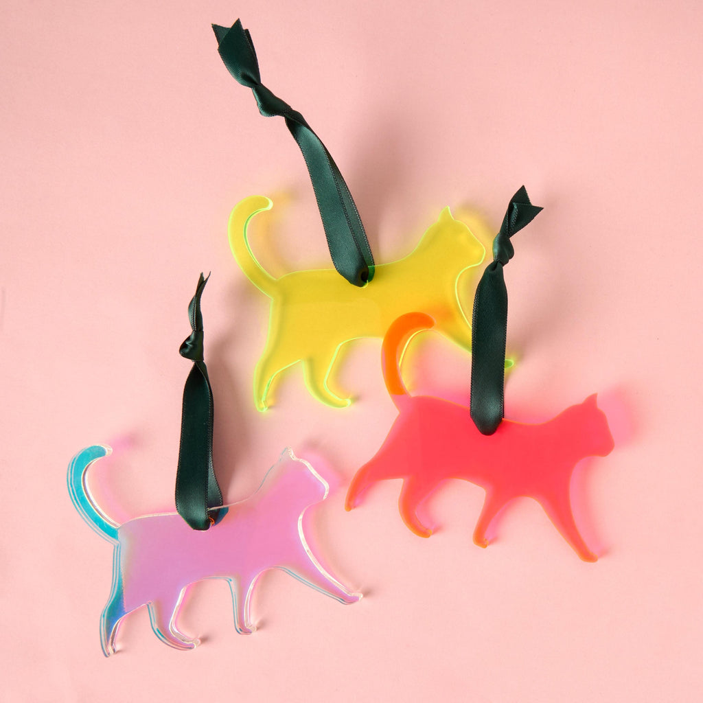 Dog Silhouette Ornament, Dog Breeds and Cats, Acrylic pet ornament, fluorescent pink, fluorescent green, iridescent/holographic