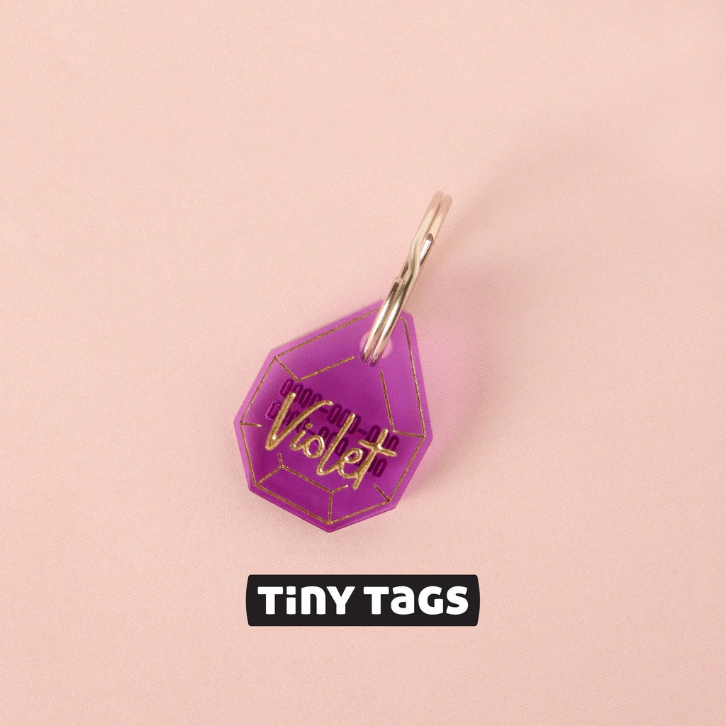 A close-up shot of a small, purple gemstone-shaped pet tag with the name "Violet" written in a gold-colored script. The tag is attached to a silver ring and is resting on a solid pink background. The image also contains the text "TINY TAGS" at the bottom.