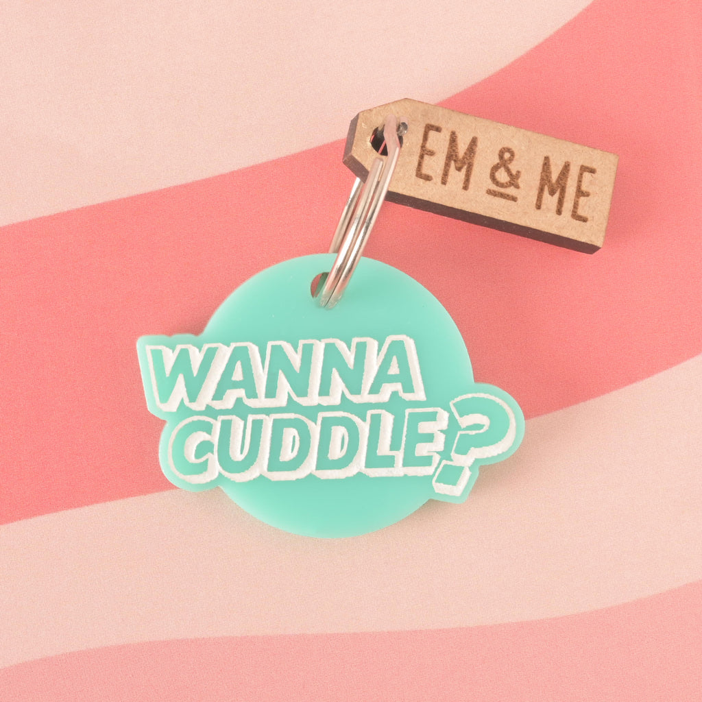 An aqua-colored pet tag that says "WANNA CUDDLE?" in white letters. A small wooden charm that says "EM & ME" is attached to the tag. Both are connected to a silver ring and are resting on a pink background with a wavy design.