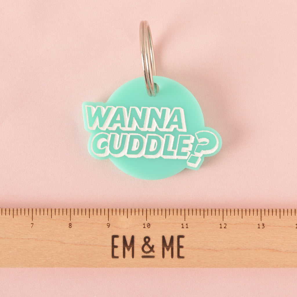 An opaque Teal pet tag that says "WANNA CUDDLE?" in white letters. A ruler with the "EM & ME" logo is placed below the tag to show its size. The tag is attached to a silver ring and is resting on a solid pink background.