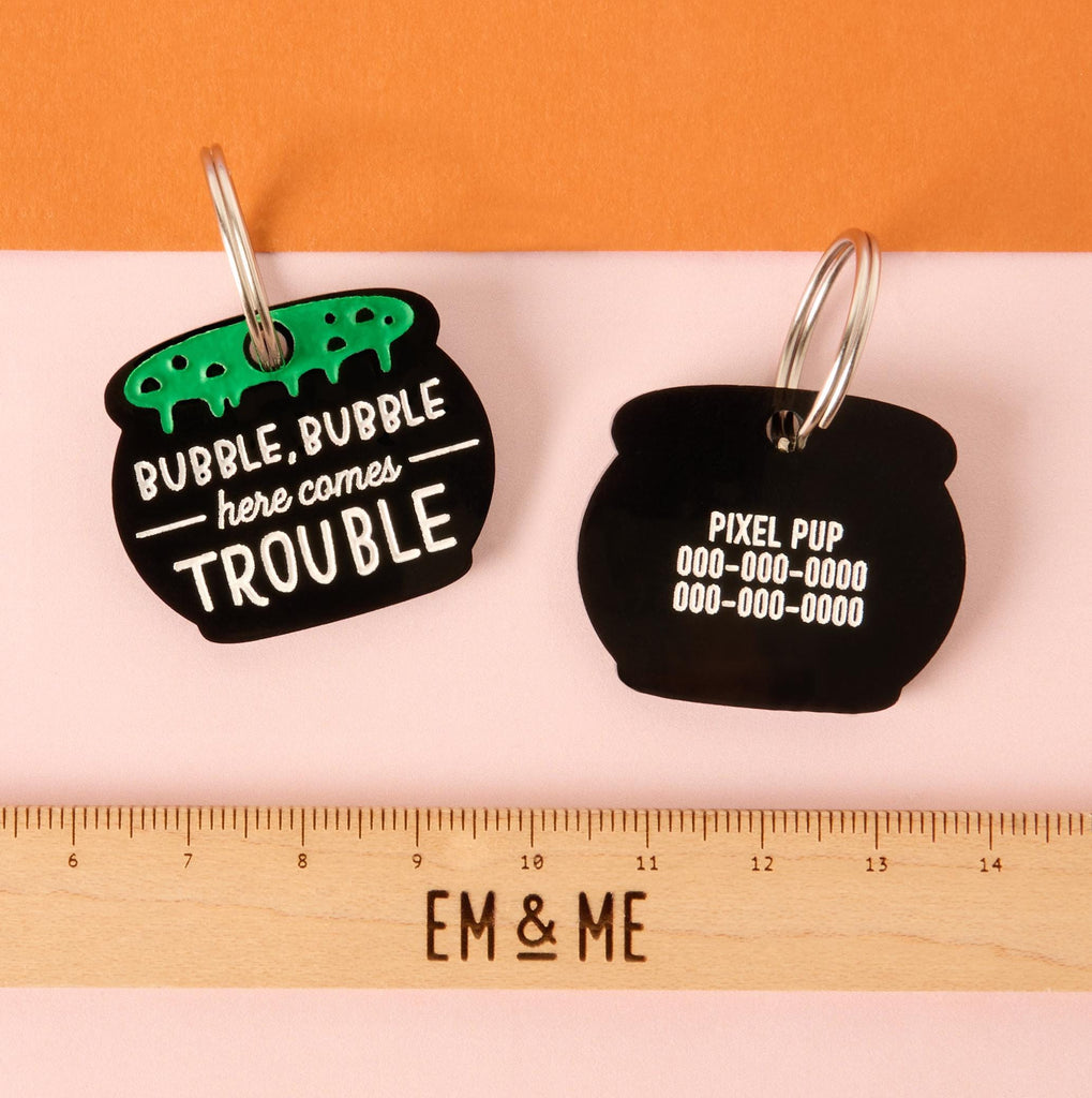 Personalized acrylic pet tag with custom name and phone number, Halloween witch design