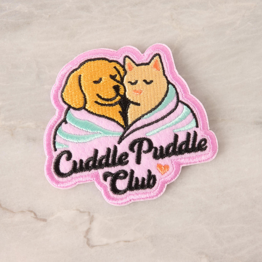 Cuddle Puddle Club Iron-On Patch – Dog and Cat Embroidered Pastel Patch, Cute Animal Lover Gift, Cozy Pet Patch for Jackets & Bags