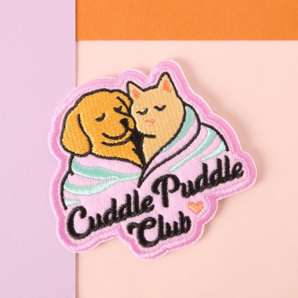 Cuddle Puddle Club pastel dog and cat embroidered iron-on patch
