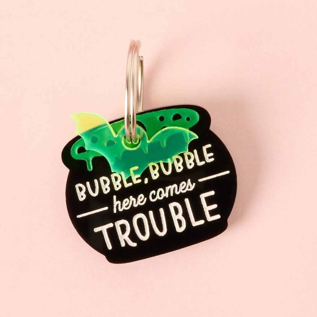 Engraved pet ID tag with seasonal mini charm, in bubble-wrapped packaging