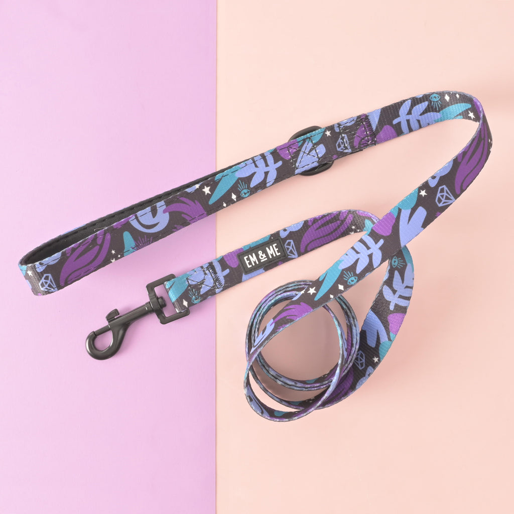 EM & ME spooky-themed pet leash with a bold purple, blue, and black design featuring stars, diamonds, and mystical shapes on a pastel background.
