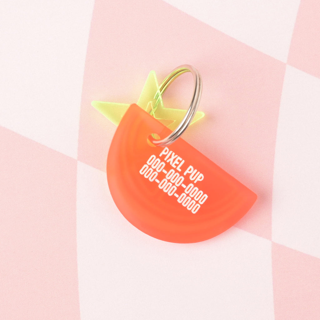 frosted poppy grapefruit colored lemon wedge personalized pet tag with place holder pet name and phone numbers with fluorescent green star mini charm