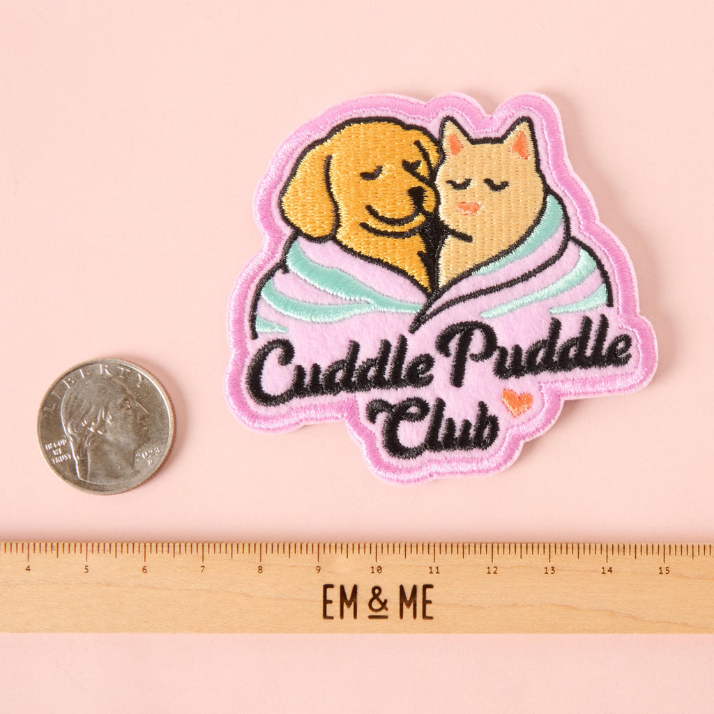 Cuddle Puddle Club Iron-On Patch – Dog and Cat Embroidered Pastel Patch, Cute Animal Lover Gift, Cozy Pet Patch for Jackets & Bags