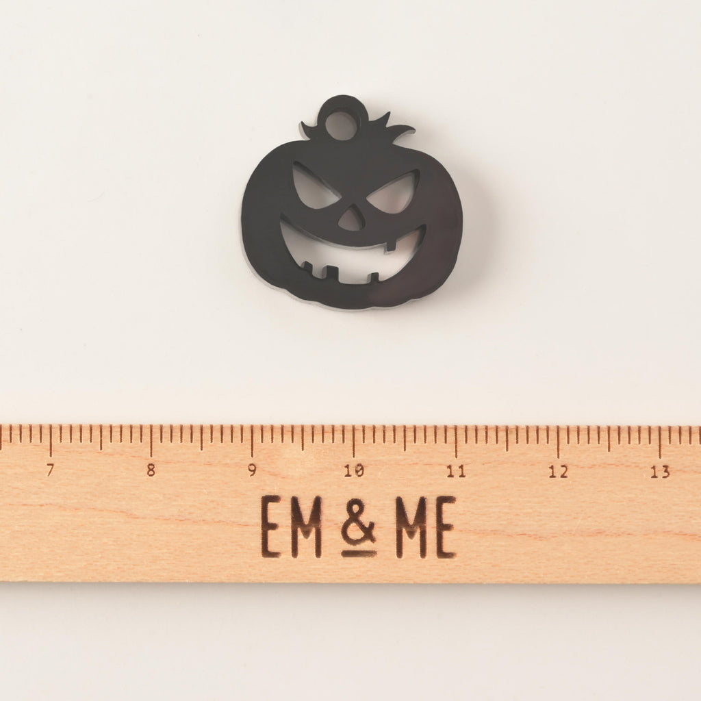 black jack-o-lantern shaped mini charm pet tag add on  with wooden ruler that reads "EM & ME" on solid white background