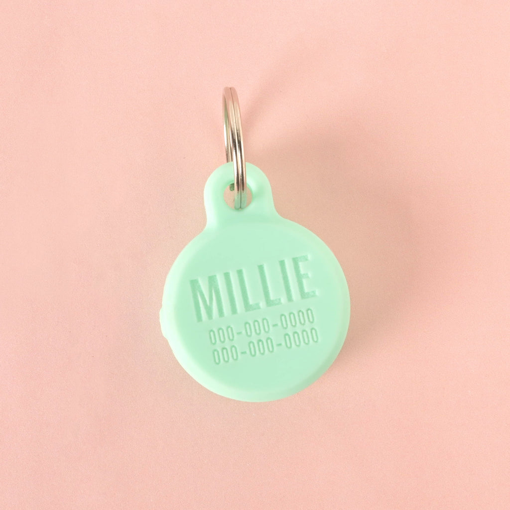 A close-up shot of a custom, round, mint green pet ID tag. The tag is engraved with the name "MILLIE" and a phone number below it. It is attached to a shiny silver keyring and is displayed on a solid pink background.