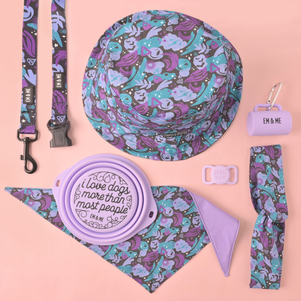 Flat lay of matching EM & ME “Spooky Magic” pet accessories in a purple and teal celestial print on a pink background: dog collar, leash, bandana, bucket hat, collapsible travel bowl, poop bag dispenser, waste-bag holder clip, and knotted headband.