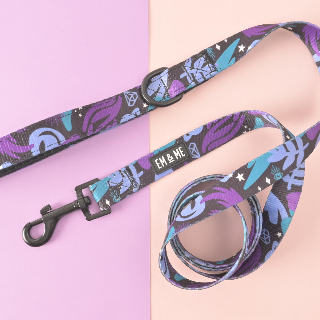 A double-sided printed pet leash with a swirling pattern featuring stars, moons, diamonds, and botanical elements. The leash includes a metal clip and a padded neoprene handle loop.