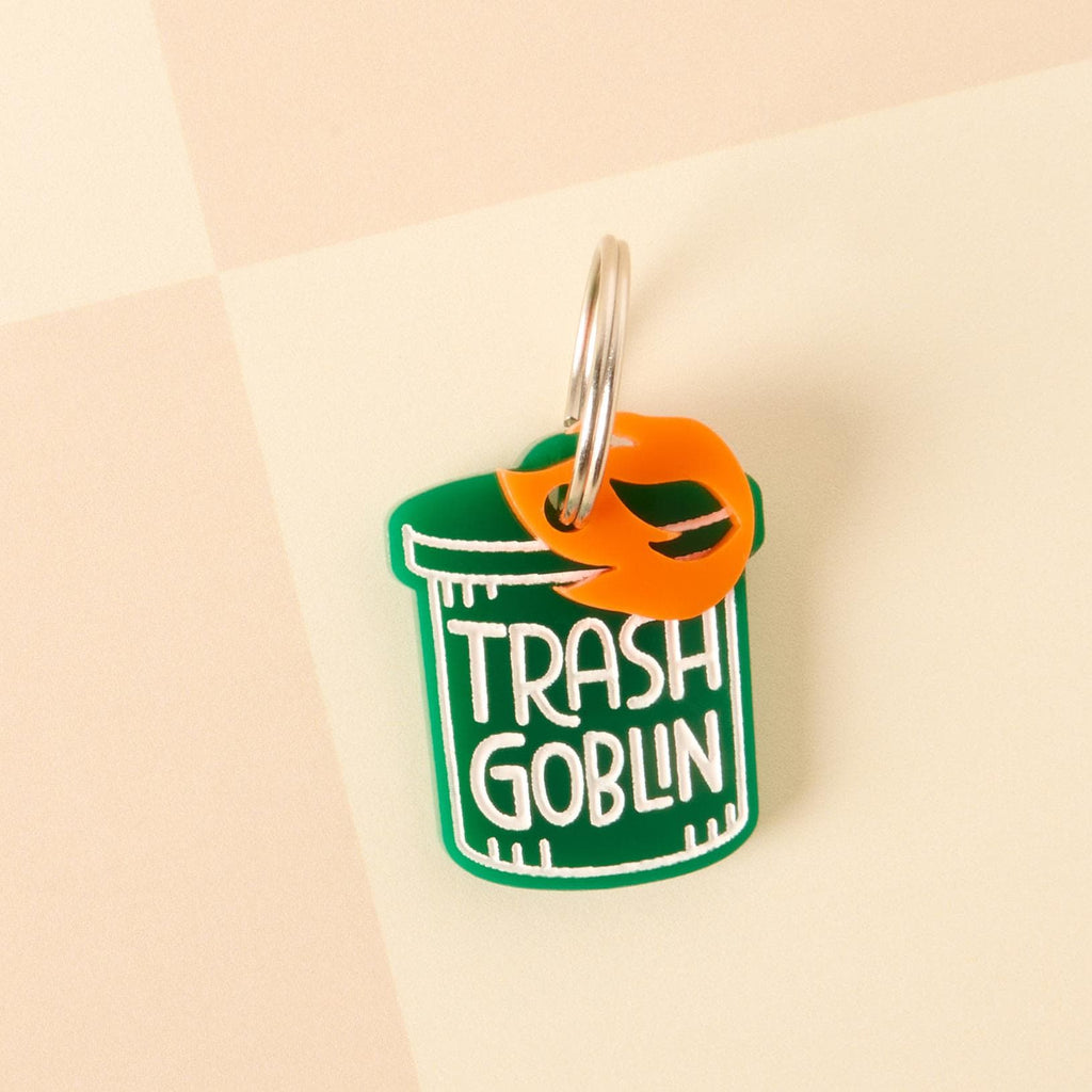 Trash Goblin pet tag shaped like a garbage can, custom engraved