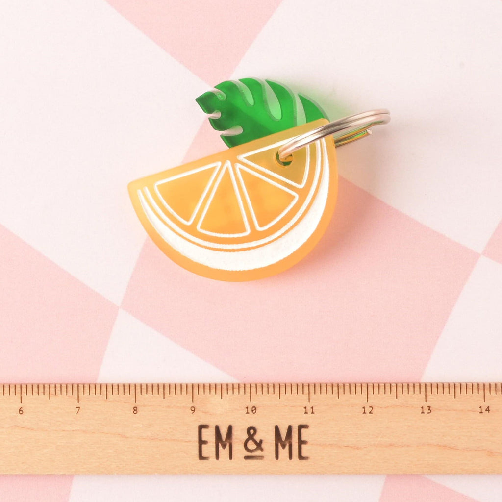 A layered acrylic charm featuring a bright Lemon slice with white details and an attached green tropical Monstera leaf. The charm is shown above a wooden ruler with the 'EM & ME' logo to indicate its small size.