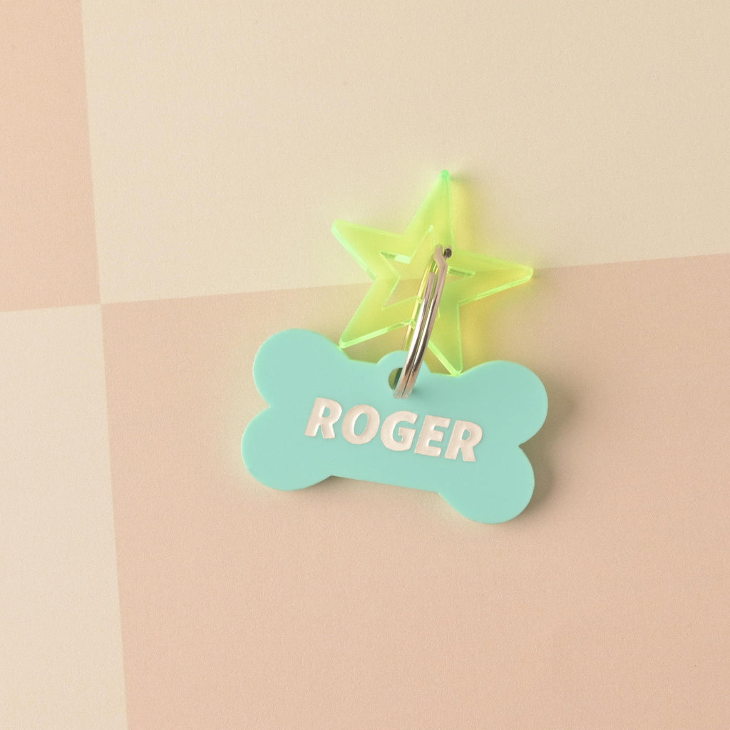 Close-up of a mint green bone-shaped acrylic pet ID tag personalized with the name 'ROGER' in white text. A translucent neon yellow-green star charm is attached and positioned behind the tag. The tag is displayed on a neutral and light pink checkered background. Bones Day, Bone shaped Dog Tag, Personalized Pet Tag, Cat and Dog ID Tag