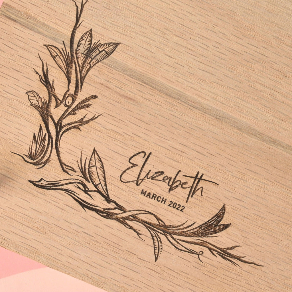 Custom engraved oak flower press kit with name and date