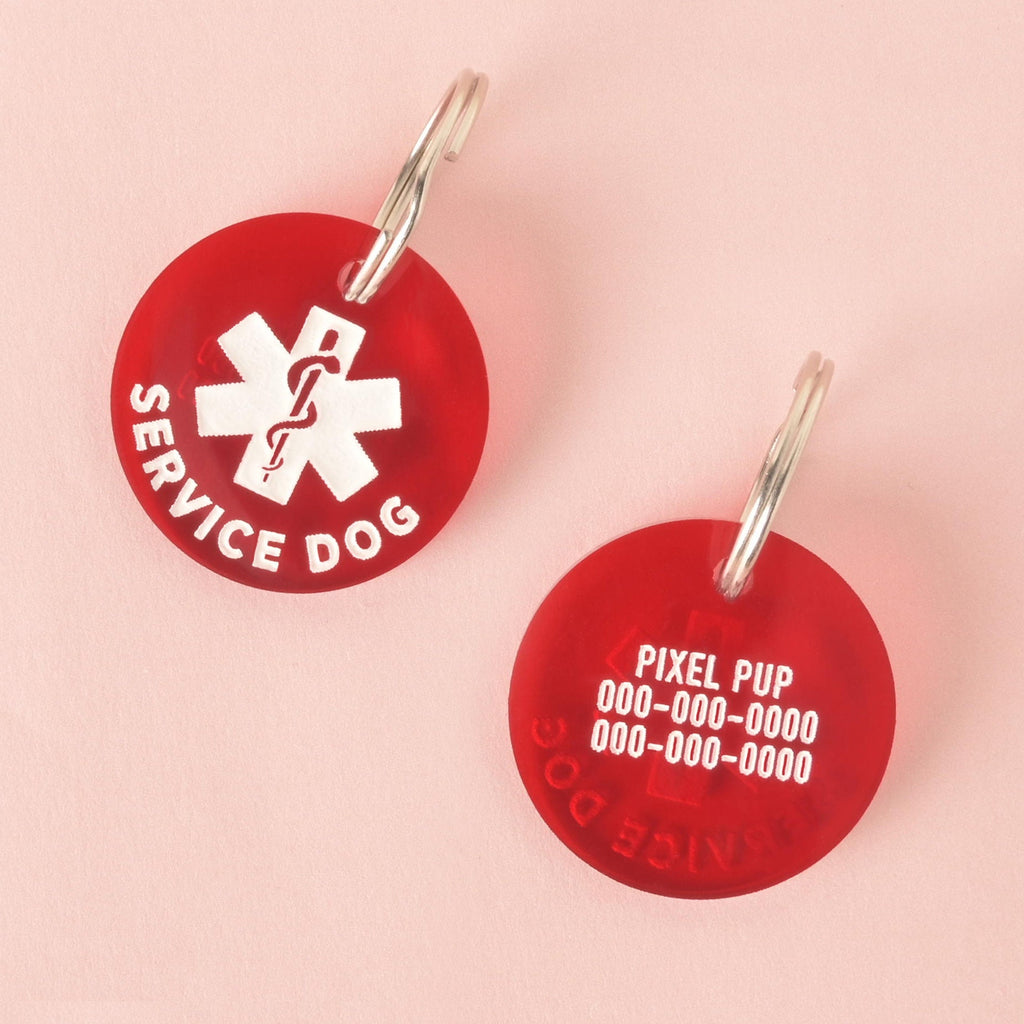 
Here are pet-friendly SEO values for the attached image.

SEO Title:
Front & Back Service Dog Pet ID Tag | Custom Engraved

SEO Alt Text:
A product photo showing two sides of the same red, round pet ID tag on a pink background. The tag on the left shows the front, which has a white medical cross symbol and the words "SERVICE DOG." The tag on the right shows the back, which is custom engraved with the name "PIXEL PUP" and two lines for phone numbers. Both tags have a silver split key ring attached.