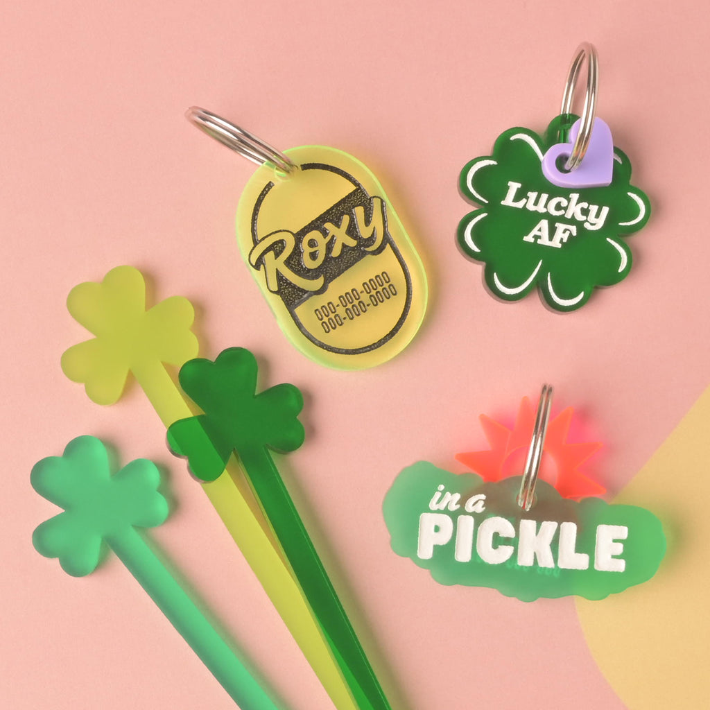 A collection of green, lime, and yellow novelty pet accessories on a pink background. Products include a clover-shaped 'Lucky AF' tag, a pickle-shaped 'In a Pickle' tag with a starburst charm, a yellow name tag for 'ROXY,' and three clover-tipped stir sticks in various shades of green.