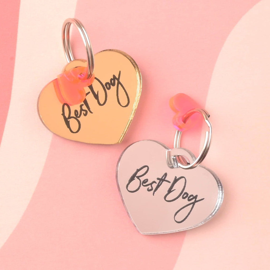 Two personalized heart-shaped pet ID tags, both engraved with the script text "Best Dog." One is mirrored gold and one is mirrored silver acrylic. Both tags are accented with a small iridescent pink heart charm.