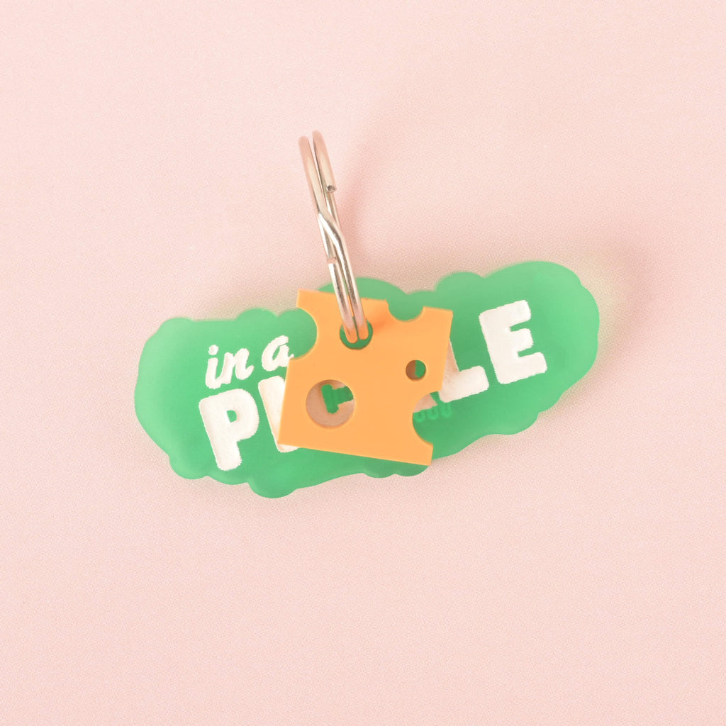 A green pickle-shaped pet tag that says "in a pickle" in white letters. A small, orange cheese charm is attached to the tag. Both are secured with a silver ring, perfect for a collar. The items are shown on a light pink background.