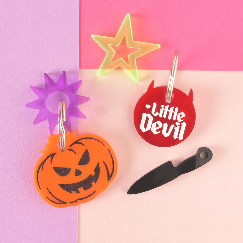 oranage jack-o-lantern Little Devil Red Pet Tag for Dogs and Cats, personalized ID Tag for Pets – Cute and Unique Pet Accessories, Durable Acrylic Tag, Halloween