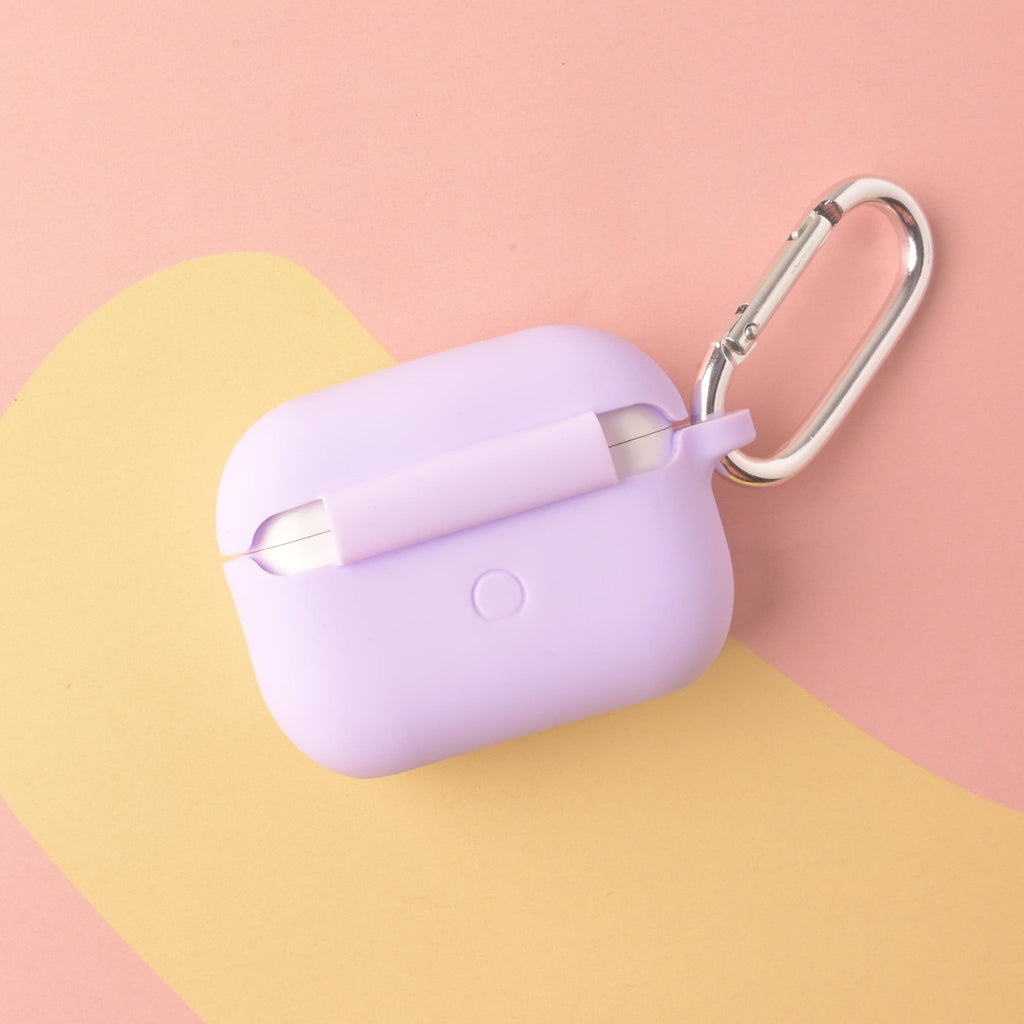 Lavender silicone AirPods Pro case with a carabiner clip. Protective and lightweight tech accessory.