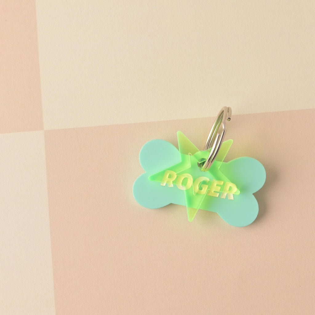 Close-up of a mint green bone-shaped acrylic pet ID tag personalized with the name 'ROGER.' A large, translucent neon yellow-green star charm is layered on top of the tag, attached to the silver split ring. The tag is displayed on a neutral and pink-toned background. Bones Day, Bone shaped Dog Tag, Personalized Pet Tag, Cat and Dog ID Tag