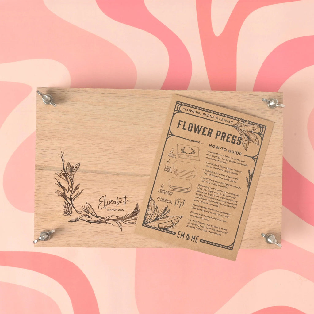Large oak flower press kit with engraved floral personalization and included how-to guide for pressing flowers