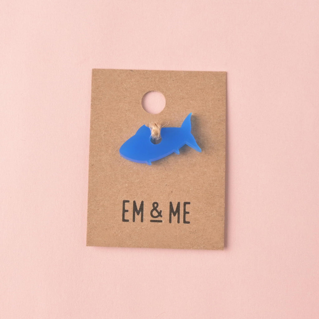 blue Fish, Seasonal Mini, Tiny Accessory for Pet ID Tag, Cats and Dogs Add-on Charm packaged on kraft paper card on pink background