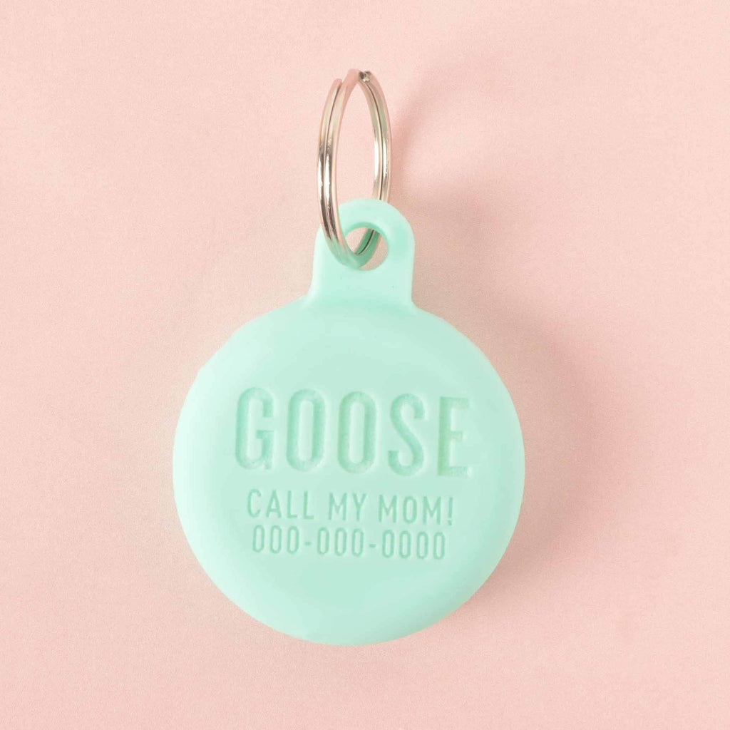 A personalized aqua-colored round pet tag that says "GOOSE" and "CALL MY MOM!" with a placeholder phone number on it. The tag is attached to a silver ring, perfect for a collar, and is displayed on a light pink background.