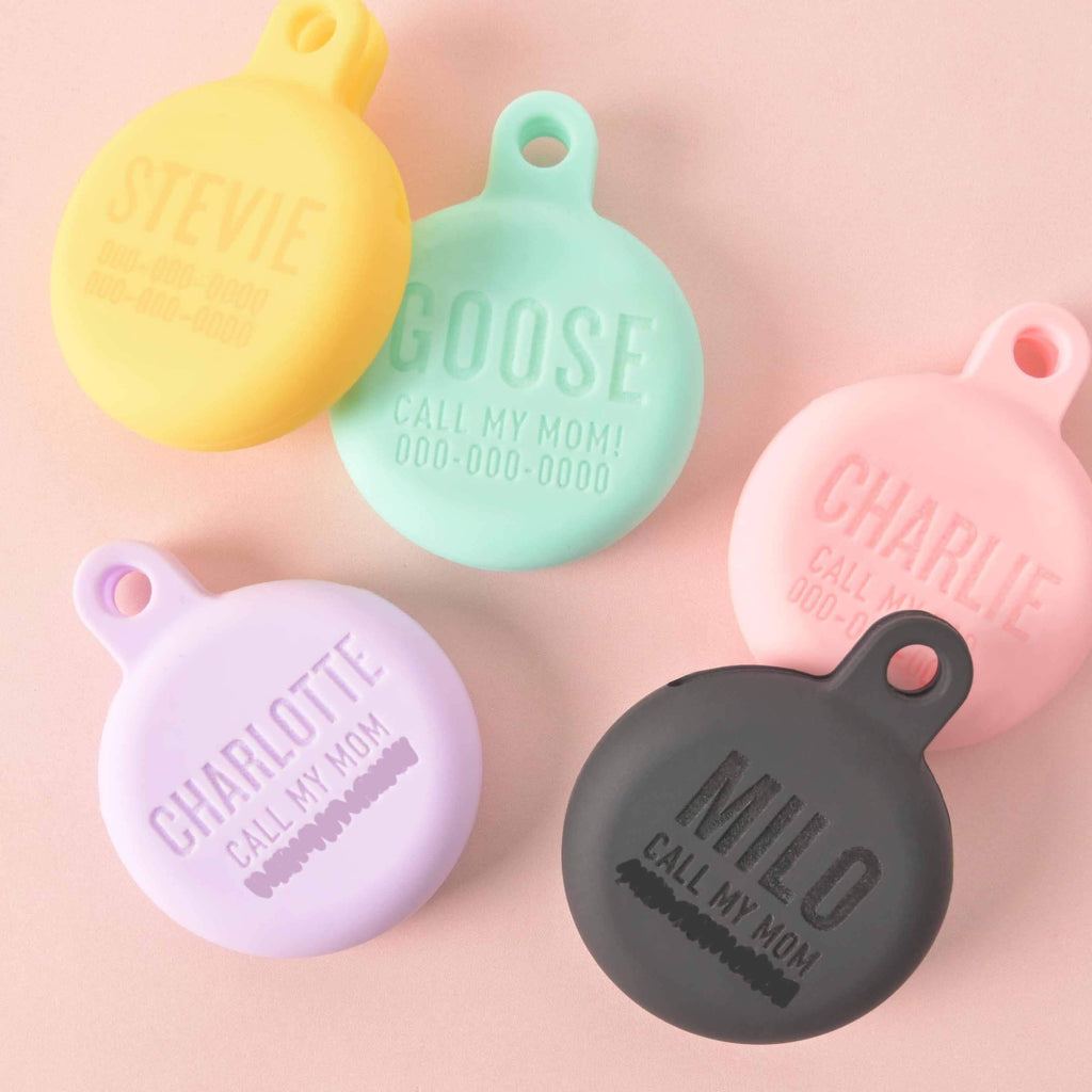 A collection of five personalized AirTag holders for pets, each in a different color. The holders are yellow for "STEVIE," aqua for "GOOSE," pink for "CHARLIE," light purple for "CHARLOTTE," and gray for "MILO." The items are displayed on a solid pink background.